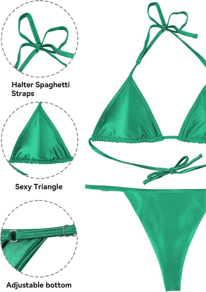 Women'S Metallic Halter Bikini Shiny String Two Piece Swimsuit Triangle Thong Bathing Suit